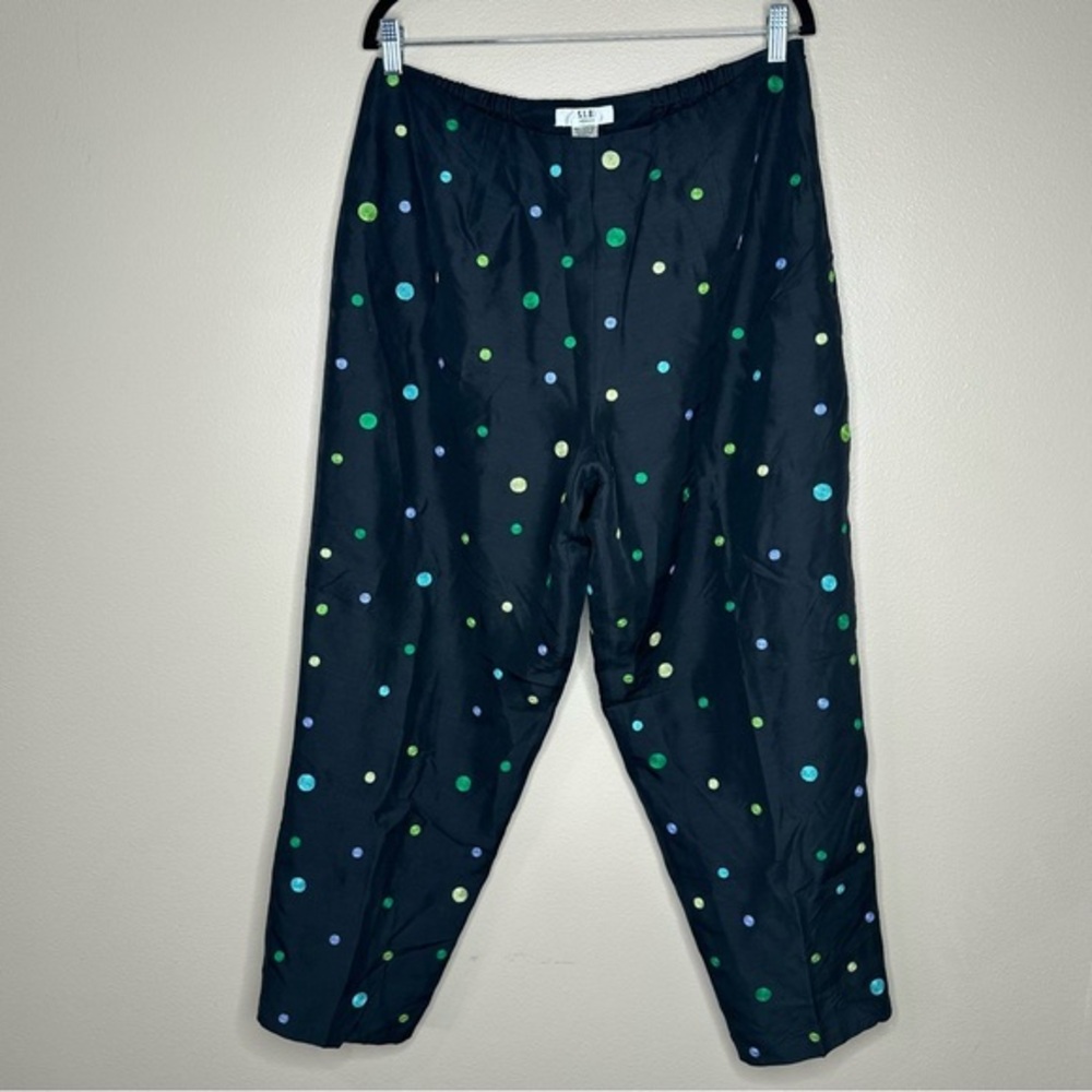 Vintage SLB Embroidered Polka‎ Dot 100% Silk Pants, Size 16W